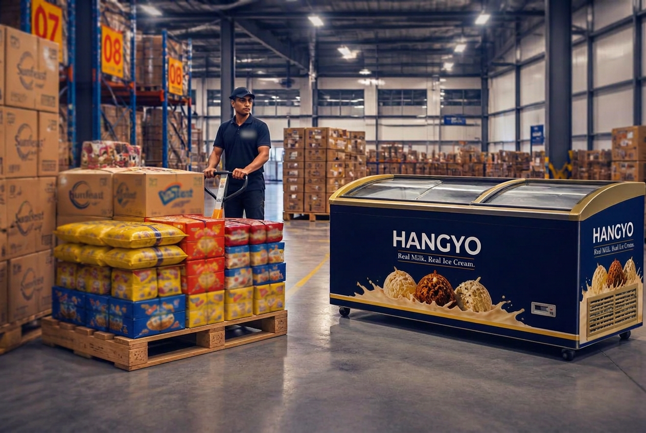 Warehouse with stacked FMCG cartons and an ice cream freezer cabinet